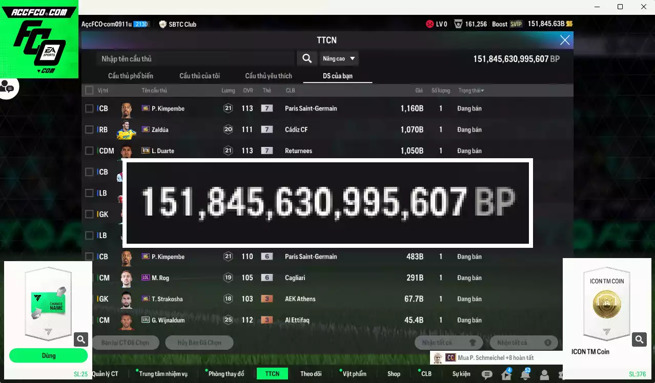 ACC 151845b trắng, có thẻ đổi tên, còn CP GIẢM THUẾ. HLV Xịn, dư 54.000TC