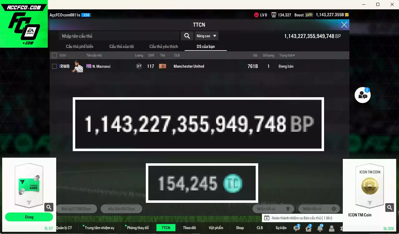 ACC 1143227b trắng, có thẻ đổi tên. HLV Xịn, dư 154.000TC