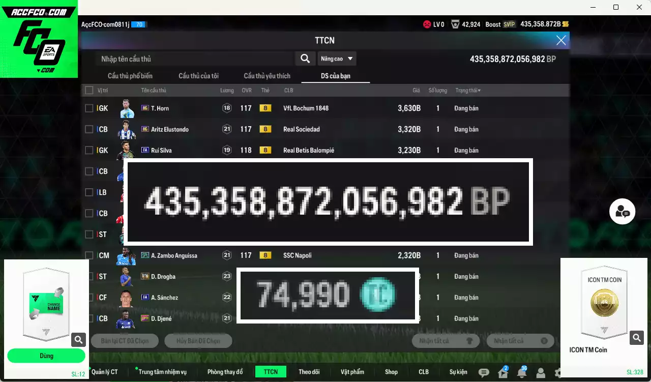 ACC 435358b trắng, có thẻ đổi tên. HLV Xịn, dư 74.000TC