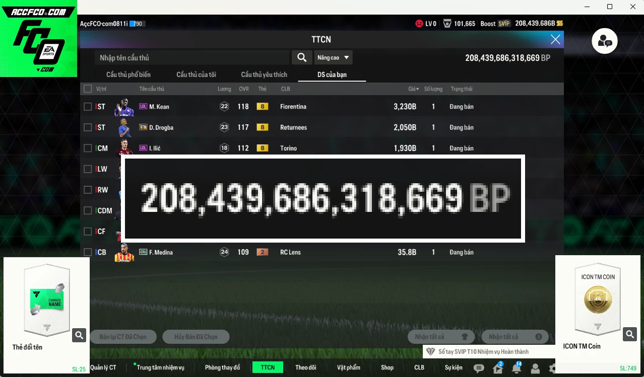 ACC 208439b trắng, có thẻ đổi tên. HLV Xịn, dư 42.000TC