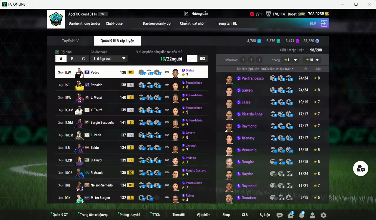 Ảnh Barcelona 1.522.130b có Ronaldo CH, Touré ITM+5, Petit ITM+5, Busquets DC, Araujo SPL+10, Raphinha SPL+10, Messi HG, Larsson ITM+5, Puyol MDL, Balde 21NG, Semedo 23HW+10, Pedri FA+10, Roberto BTB+10, Dani Alves TT+9(limit), Stegen 24EU. Còn nhiều CP GIẢM THUẾ, HLV Xịn, đã đào tạo chỉ số nhiều cầu thủ và nữa bảng chiến thuật