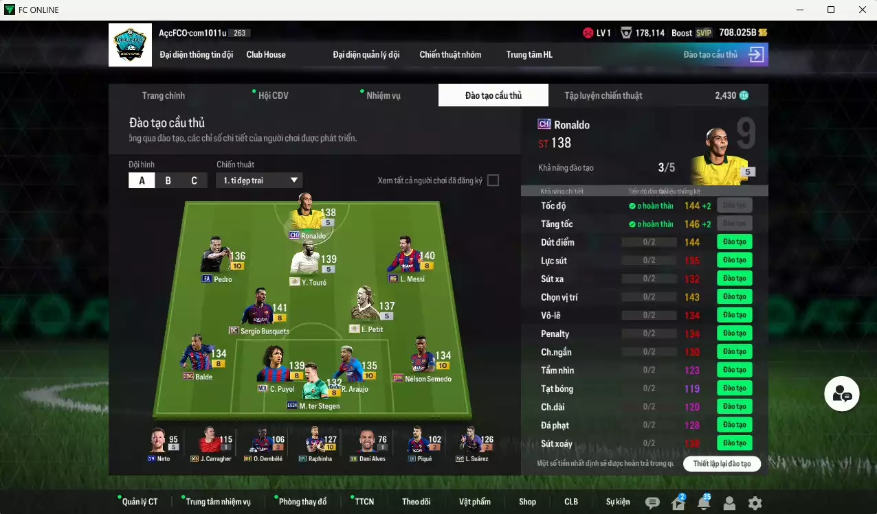 Ảnh Barcelona 1.522.130b có Ronaldo CH, Touré ITM+5, Petit ITM+5, Busquets DC, Araujo SPL+10, Raphinha SPL+10, Messi HG, Larsson ITM+5, Puyol MDL, Balde 21NG, Semedo 23HW+10, Pedri FA+10, Roberto BTB+10, Dani Alves TT+9(limit), Stegen 24EU. Còn nhiều CP GIẢM THUẾ, HLV Xịn, đã đào tạo chỉ số nhiều cầu thủ và nữa bảng chiến thuật