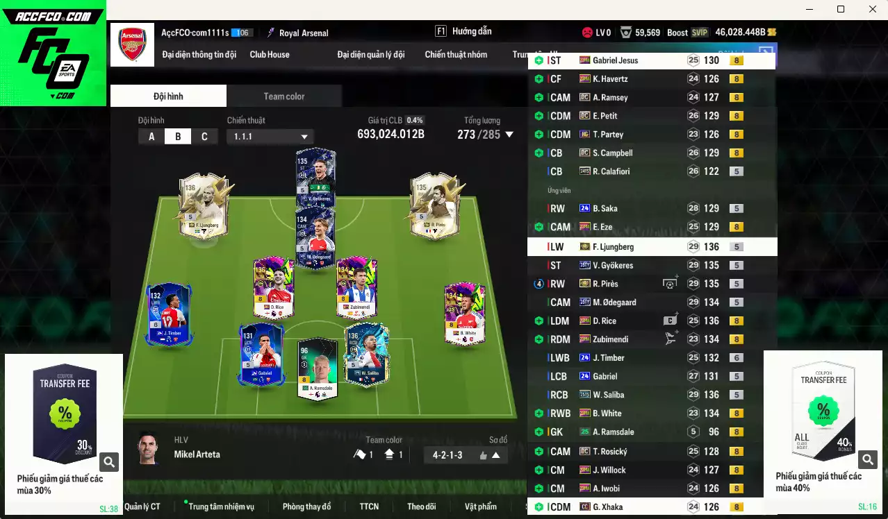 Arsenal 693.020b dư 46kb có Saliba 25TS, Pirès ITM+5, Ljungberg ITM+5, Gyokeres 25TY, Odegaard 25TY, Petit DC, Campbell DC, Eze 23HW, Jesus 23HW, Rice 23HW, Saka 24UCL+6, Rosicky DC... Còn nhiều CP GIẢM THUẾ, HLV Xịn, dư 45.000TC