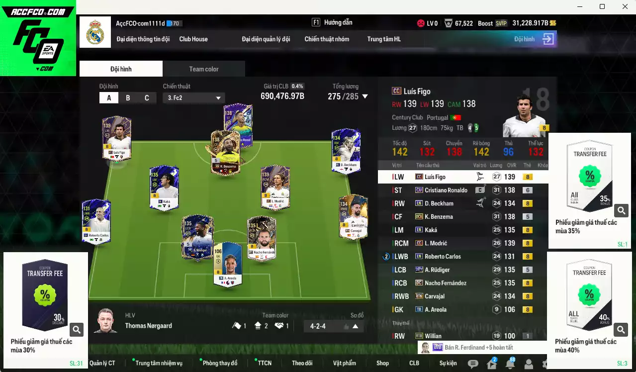 Real Madrid 690.470b dư 31kb có CR7 CU+6, Kaká LN, Benzema DC, Modric CC, Figo CC, Rudiger 25TY, Beckham LN, Carvajal RTN, Carlos LN, Nacho DC... HLV Xịn, đã đào tạo chỉ số nhiều CT, dư 41.000TC