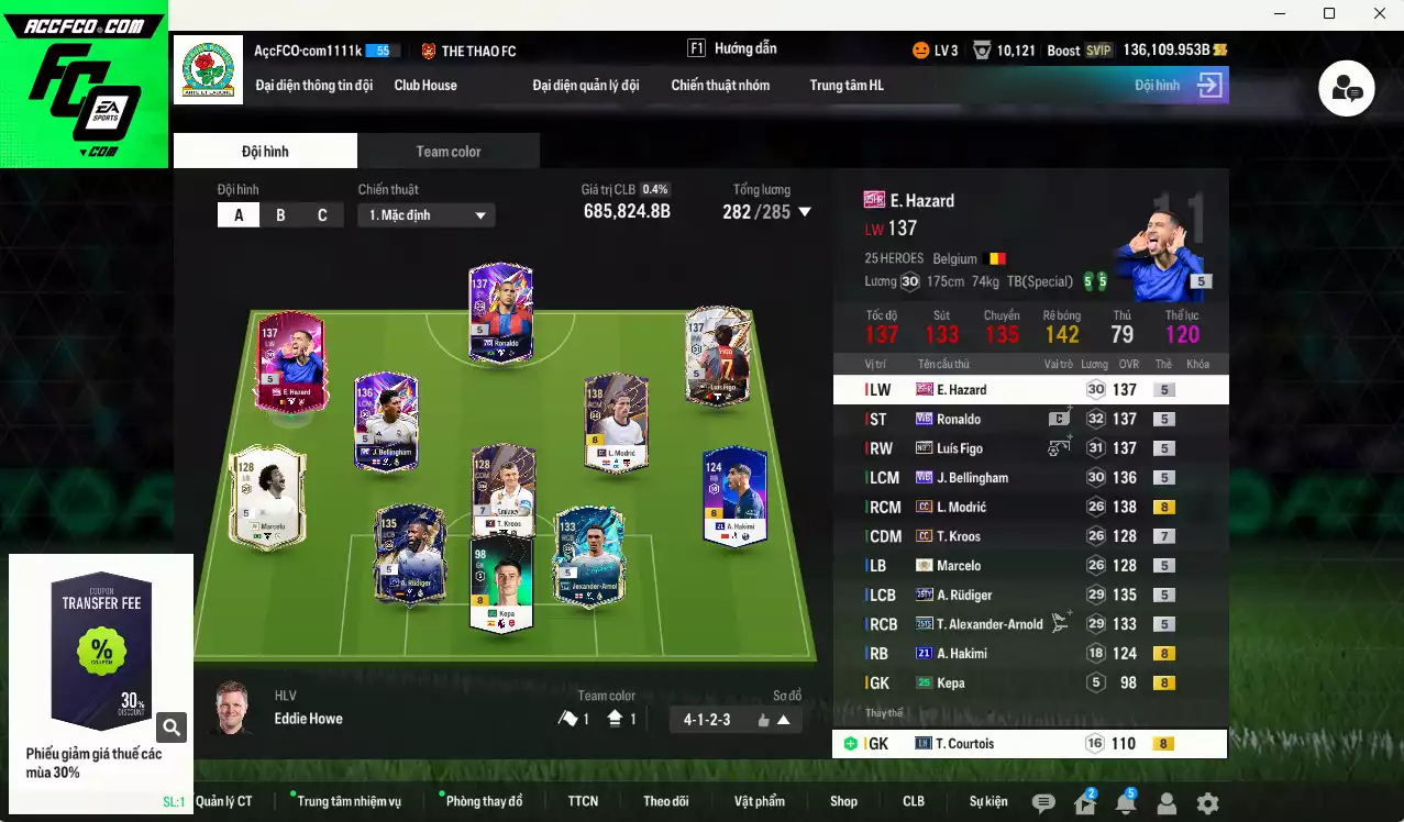 Real Madrid 685.820b dư 136kb có Ronaldo WB, Modric CC, Arnold 25TS, Figo No.7, Bellingham WB, Rudiger 25TY, Hazard 25HR, Kroos CC+7, Hakimi 21UCL... Đã đào tạo chỉ số nhiều CT