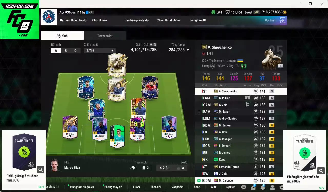 [Dư nhiều BP] Chelsea 4.101.710b dư 710kb có Sheva ITM+5, Torres ITM+5, Zola ITM+6, Pulisic 25TS+6, Salah 25TY, Andrey Santos 25TS, Rudiger SPL, Essien JNM, Tomori 23HW, Caicedo 23HW... HLV Xịn, đã đào tạo chỉ số nhiều CT, VIP BK Tháng 11 và 12