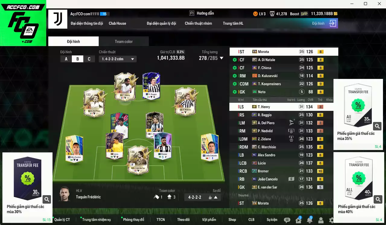 Juventus 1.041.330b có Henry ITM+3, Nedved ITM+3, Del Piero ITM+3, VDS ITM+5, Lúcio CC, Marchisio DC, Koopmeiners HG+9, Di Natale DC, Bremer SPL+10, Zidane BTB, Baggio LN... Còn nhiều CP GIẢM THUẾ, dư 125.000TC