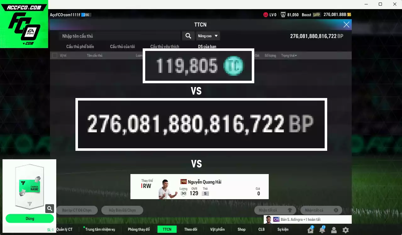 ACC 276081b trắng vs Quang Hải PRM+5 có thẻ đổi tên, còn nhiều CP GIẢM THUẾ. Dư 119.000TC