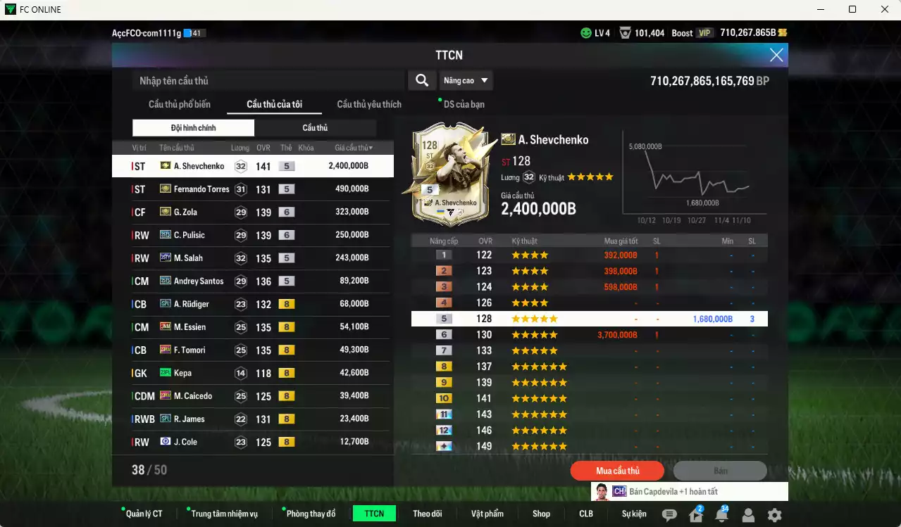 Ảnh [Dư nhiều BP] Chelsea 4.101.710b dư 710kb có Sheva ITM+5, Torres ITM+5, Zola ITM+6, Pulisic 25TS+6, Salah 25TY, Andrey Santos 25TS, Rudiger SPL, Essien JNM, Tomori 23HW, Caicedo 23HW... HLV Xịn, đã đào tạo chỉ số nhiều CT, VIP BK Tháng 11 và 12