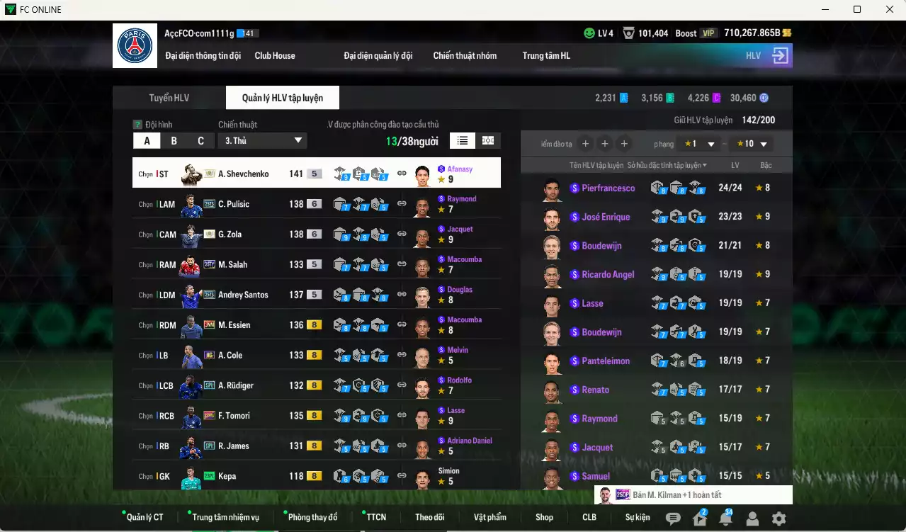 Ảnh [Dư nhiều BP] Chelsea 4.101.710b dư 710kb có Sheva ITM+5, Torres ITM+5, Zola ITM+6, Pulisic 25TS+6, Salah 25TY, Andrey Santos 25TS, Rudiger SPL, Essien JNM, Tomori 23HW, Caicedo 23HW... HLV Xịn, đã đào tạo chỉ số nhiều CT, VIP BK Tháng 11 và 12