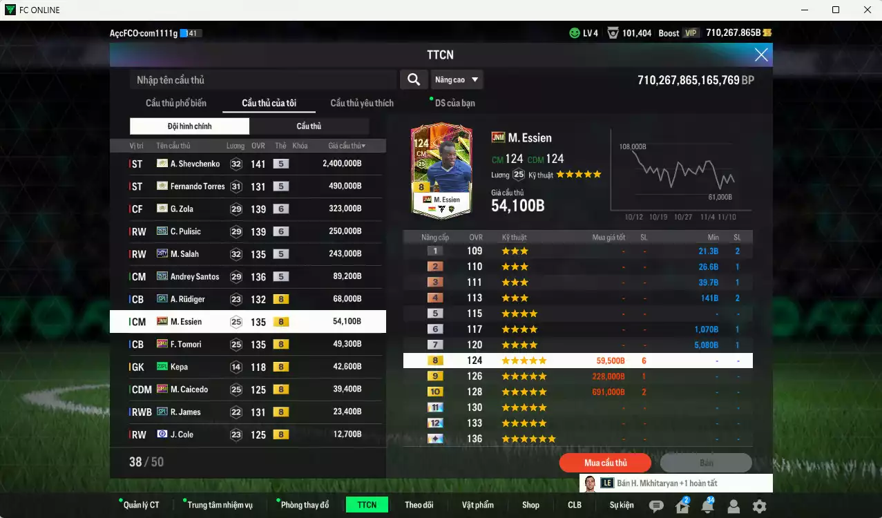 Ảnh [Dư nhiều BP] Chelsea 4.101.710b dư 710kb có Sheva ITM+5, Torres ITM+5, Zola ITM+6, Pulisic 25TS+6, Salah 25TY, Andrey Santos 25TS, Rudiger SPL, Essien JNM, Tomori 23HW, Caicedo 23HW... HLV Xịn, đã đào tạo chỉ số nhiều CT, VIP BK Tháng 11 và 12