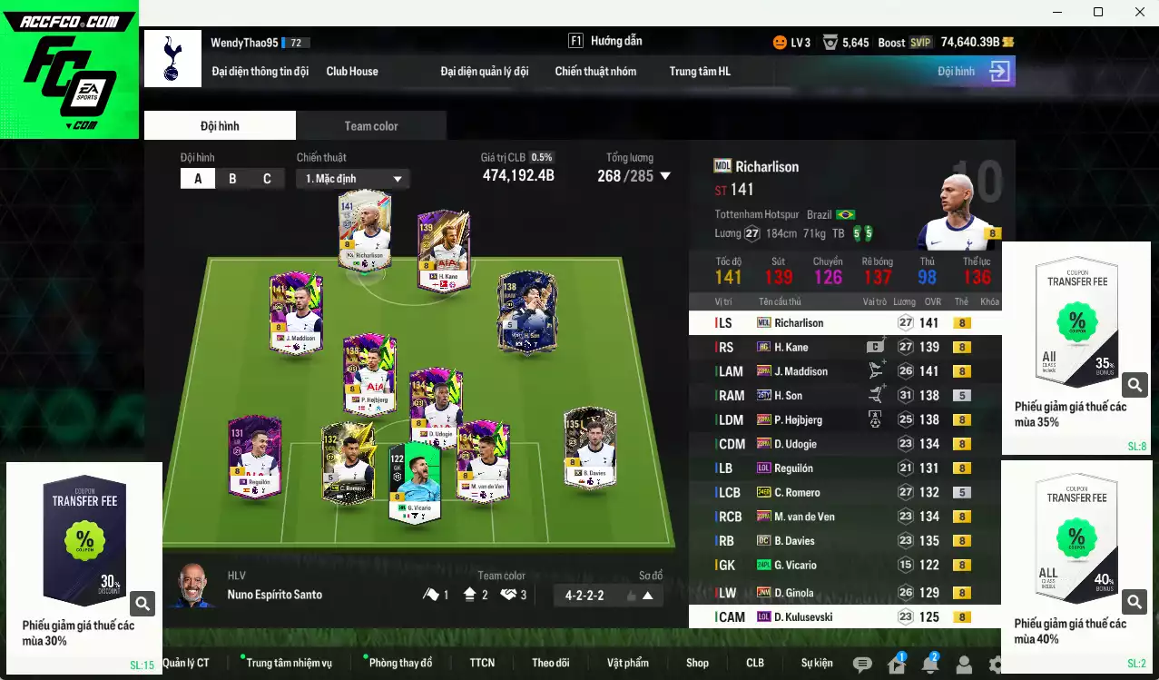 Tottenham 474.190b dư 74kb có H. Son 25TY, Richarlison MDL, Kane HG, Maddison 23HW, Ginola JNM, Hojbjerg 23HW... Còn nhiều CP GIẢM THUẾ, đã đào tạo chỉ số nhiều cầu thủ