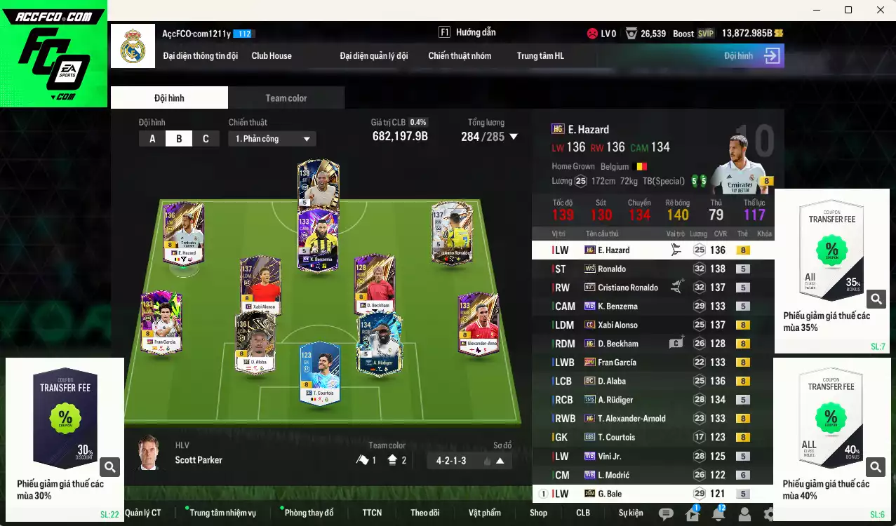 Real Madrid 682.190b có Ronaldo WS, CR7 No.7, Alaba DC, Beckham HG, Hazard HG, Alonso CC, Rudiger 25TS, Arnold HG... Còn nhiều CP GIẢM THUẾ, HLV Xịn, đã đào tạo chỉ số nhiều cầu thủ, VIP BK Tháng 11