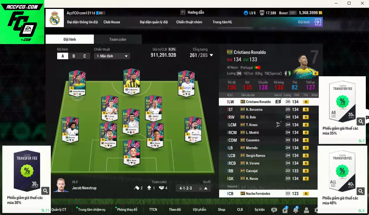 Real Madrid Galaticos 3.0 full mùa BTB+8 911.290b có Ramos, Varane, CR7, Marcelo, Kroos, Casemiro, Carvajal, Bale, Modric, Benzema, Navas, Nacho... BTB+8 . Đã đào tạo chỉ số nhiều cầu thủ