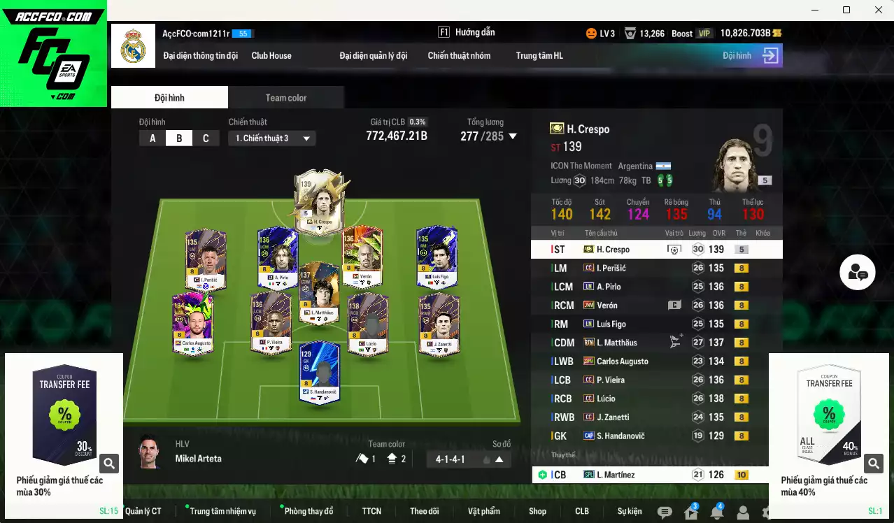 Inter Milan 772.460b có Crespo ITM+5, Matthaus RTN, Lúcio CC, Perisic CC, Vieira CC, Verón JNM, Figo LN, L. Mártinez SPL+10, Pirlo LN... Đã đào tạo chỉ số nhiều cầu thủ