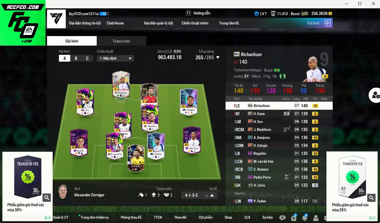 Tottenham 963.480b có Kane DC, Danjuma SPL+10, Romero SPL+10, Richarlison MDL, Reguilón LOL+10, Maddison 23HW, Porro LOL+10, Van de Ven 23HW+9, H. Son 23HW... Đã đào tạo chỉ số nhiều cầu thủ