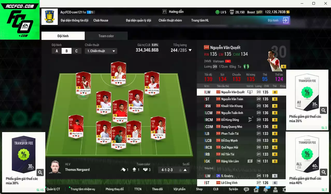 Việt Nam 334.340b dư 122kb có Dụng Nho, Hùng Dũng, Văn Quyết, Văn Toàn, Tuấn Anh, Khuất Văn Khang, Văn Lâm, Duy Mạnh, Quế Hải, Tuấn Tài, Tấn Tài... Đã đào tạo chỉ số nhiều cầu thủ