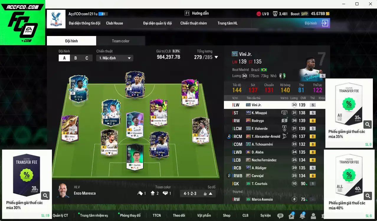 Real Madrid 984.290b có Mbappé 25TY, Valverde 25TS, Vini 25TS, Arnold 23HW, Rodrygo 23HW, Carvajal DC, Bellingham WB, Rudiger 25TY, Alaba HG, Nacho DC... Còn nhiều CP GIẢM THUẾ