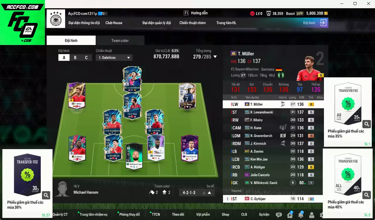 Bayern Munich 870.730b có Kane 25TS, Kimmich 25TS, Lewandowski 25TS, Kim Min Jae 25TS, Rudiger SPL, Muller HG, Ribéry No.7... Còn nhiều CP GIẢM THUẾ, HLV Xịn,  đã đào tạo chỉ số nhiều CT, dư 52.000TC