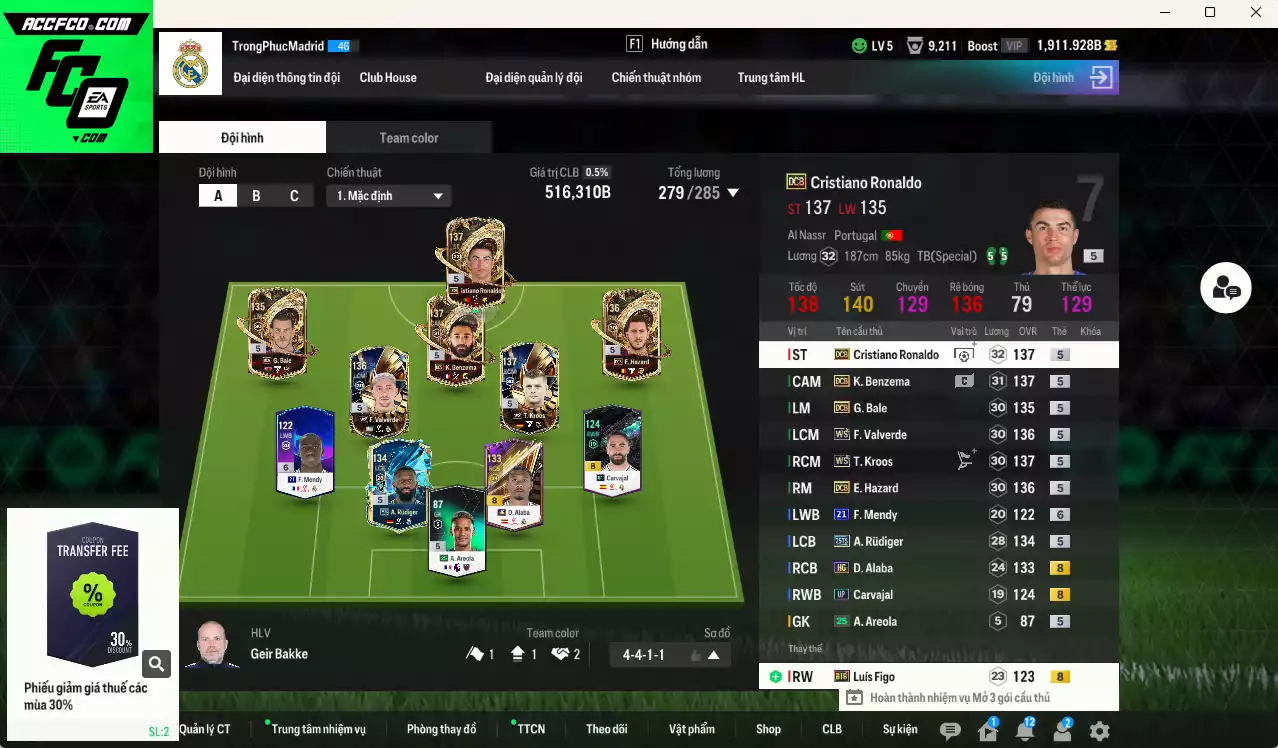 Real Madrid 516.310b có Kroos WS, CR7 DCB, Benzema DCB, Valverde WS, Hazard DCB, Rudiger 25TS, Bale DCB, Alaba HG...