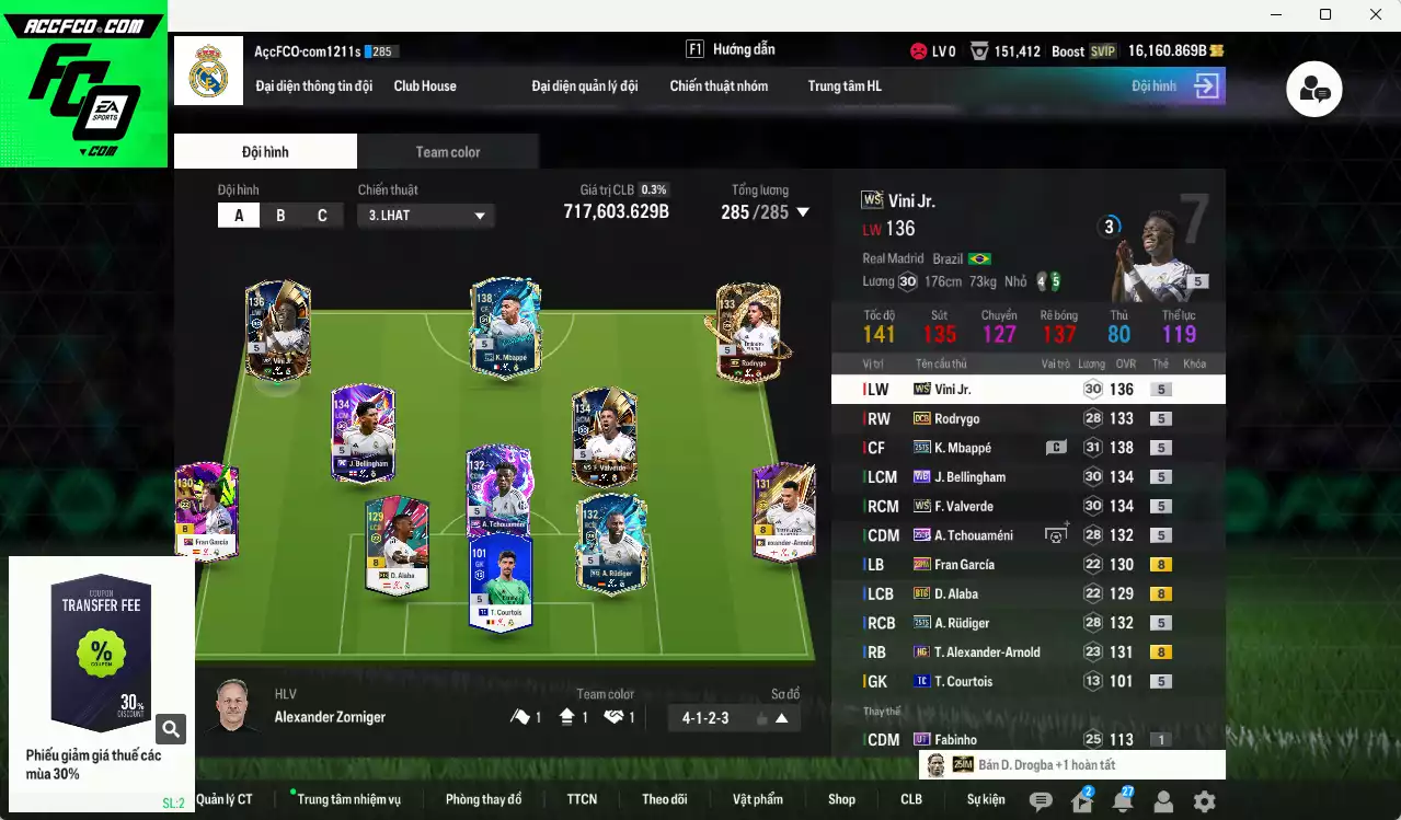 Real Madrid 717.600b có Mbappé 25TS, Vini WS, Valverde WS, Bellingham WB, Rudiger 25TS, Tchouaméni 25DP, Arnold HG, Rodrygo DCB, Alaba BTB... HLV Xịn