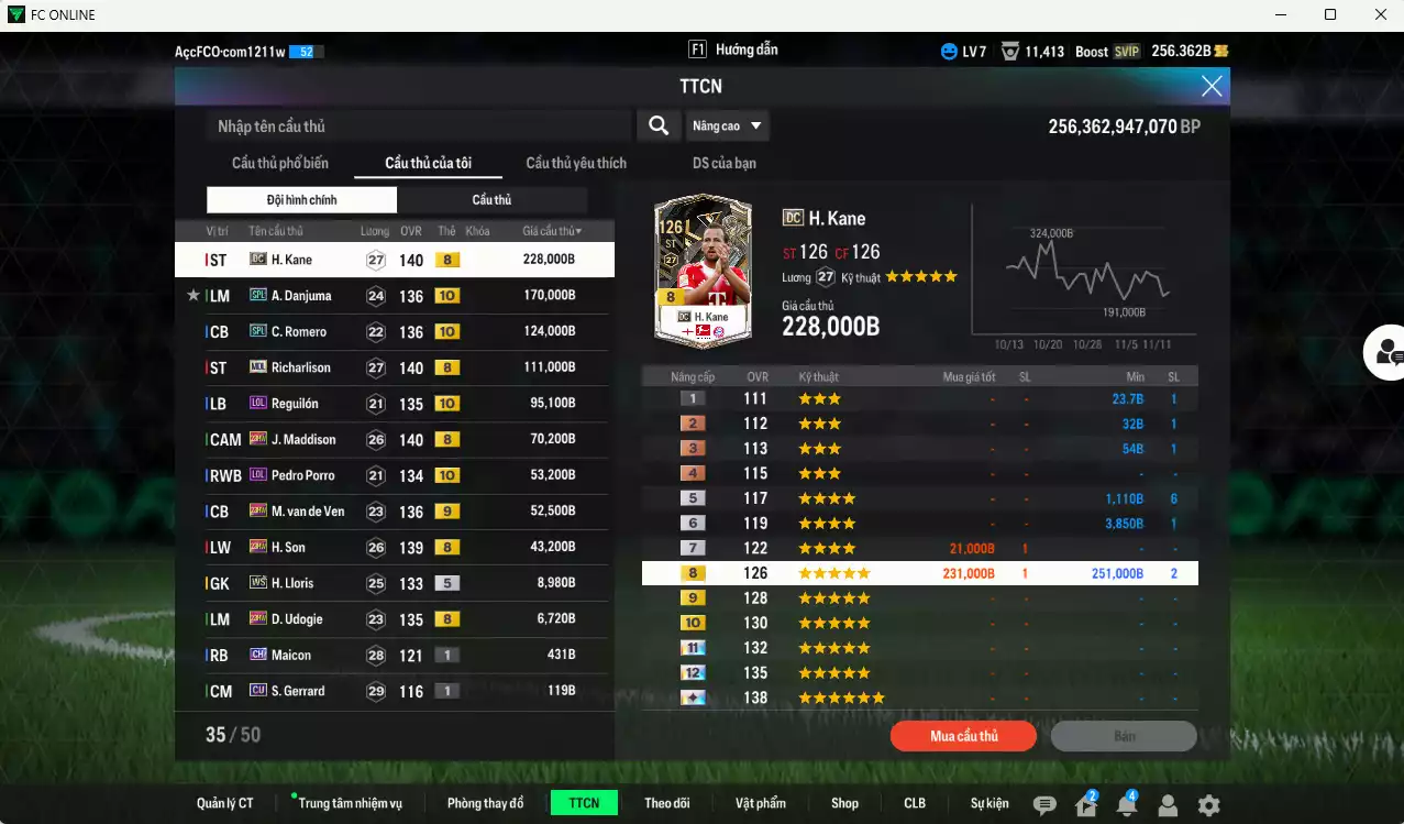 Ảnh Tottenham 963.480b có Kane DC, Danjuma SPL+10, Romero SPL+10, Richarlison MDL, Reguilón LOL+10, Maddison 23HW, Porro LOL+10, Van de Ven 23HW+9, H. Son 23HW... Đã đào tạo chỉ số nhiều cầu thủ