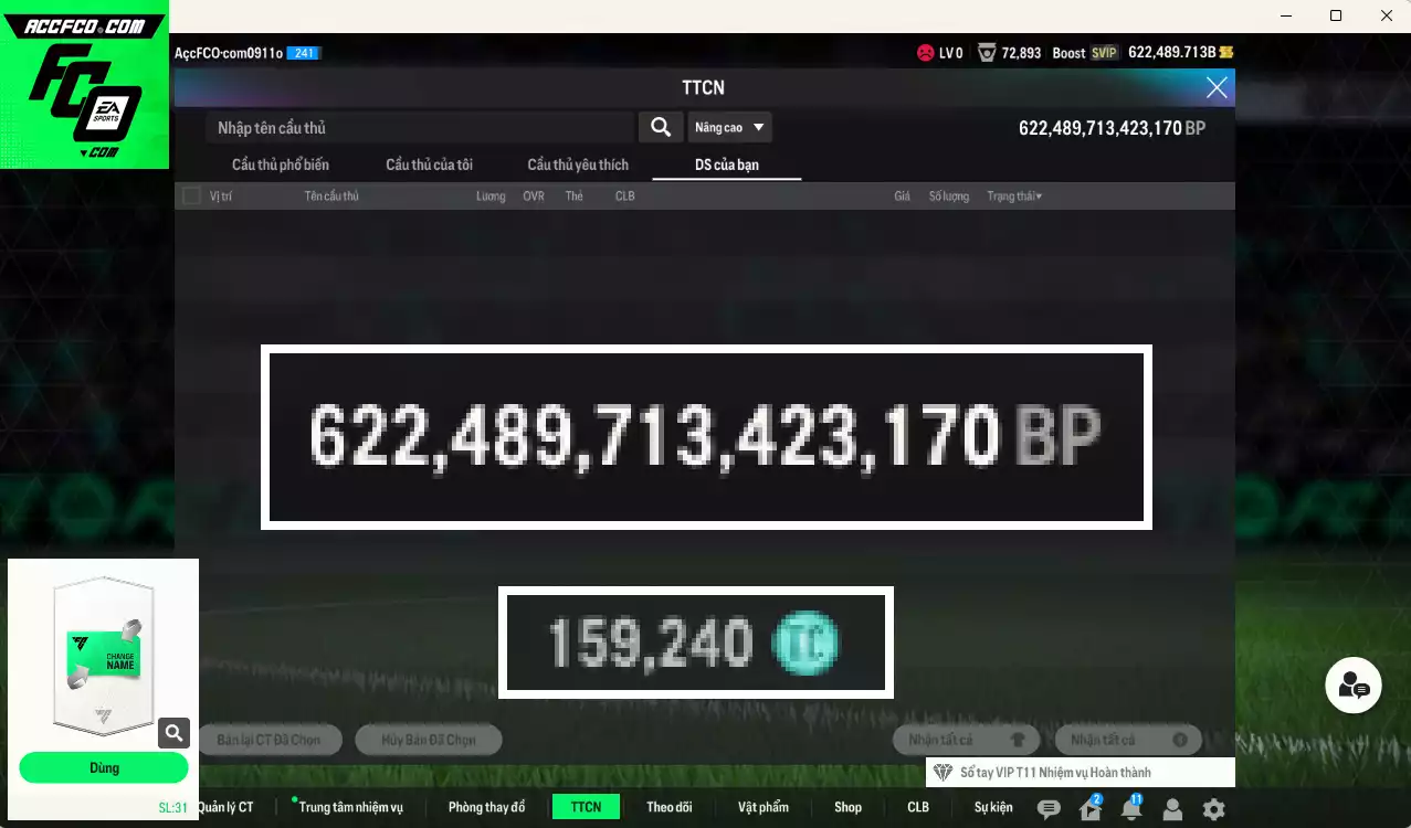 ACC 622489b trắng, có thẻ đổi tên. HLV Xịn, dư 159.000TC