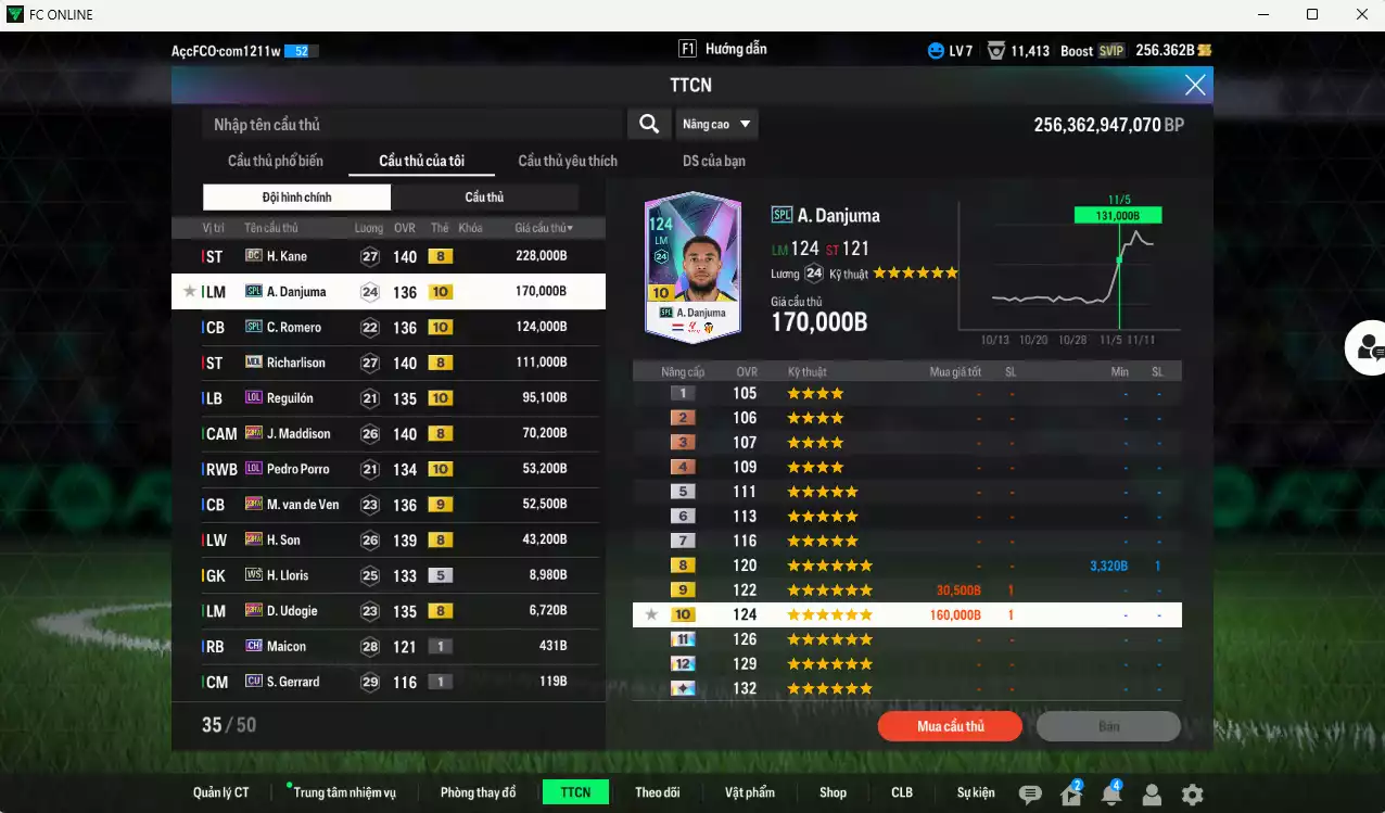 Ảnh Tottenham 963.480b có Kane DC, Danjuma SPL+10, Romero SPL+10, Richarlison MDL, Reguilón LOL+10, Maddison 23HW, Porro LOL+10, Van de Ven 23HW+9, H. Son 23HW... Đã đào tạo chỉ số nhiều cầu thủ