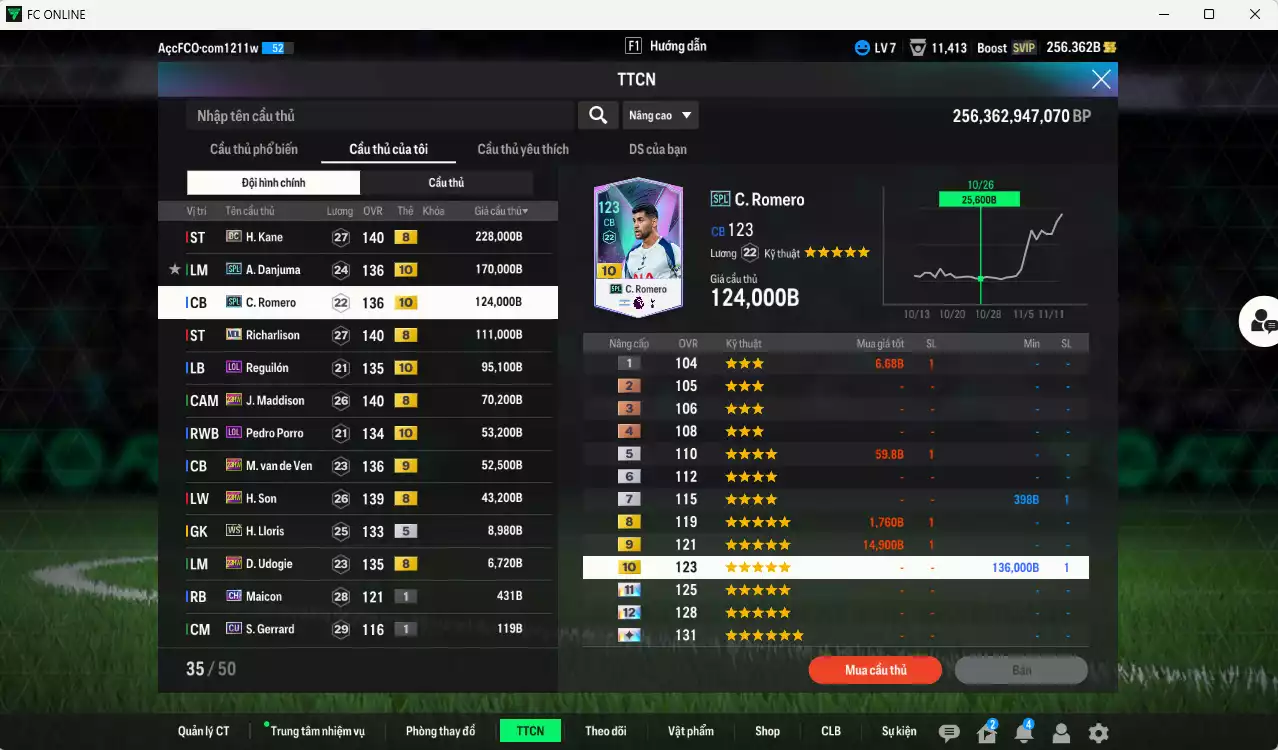 Ảnh Tottenham 963.480b có Kane DC, Danjuma SPL+10, Romero SPL+10, Richarlison MDL, Reguilón LOL+10, Maddison 23HW, Porro LOL+10, Van de Ven 23HW+9, H. Son 23HW... Đã đào tạo chỉ số nhiều cầu thủ