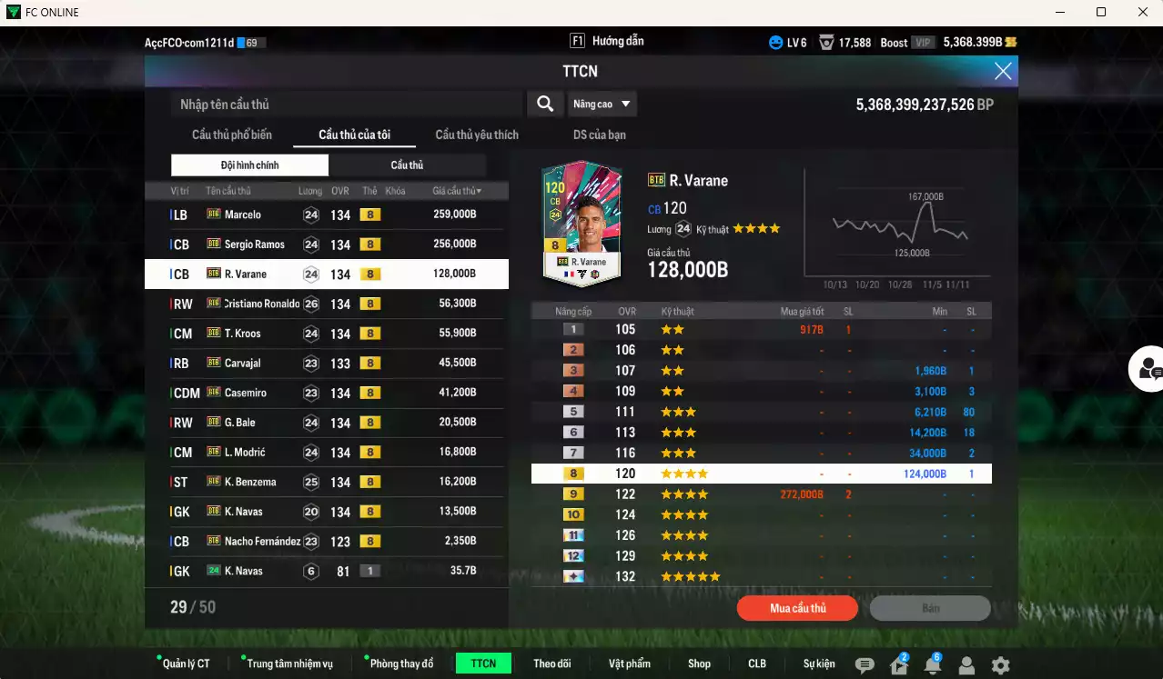Ảnh Real Madrid Galaticos 3.0 full mùa BTB+8 911.290b có Ramos, Varane, CR7, Marcelo, Kroos, Casemiro, Carvajal, Bale, Modric, Benzema, Navas, Nacho... BTB+8 . Đã đào tạo chỉ số nhiều cầu thủ