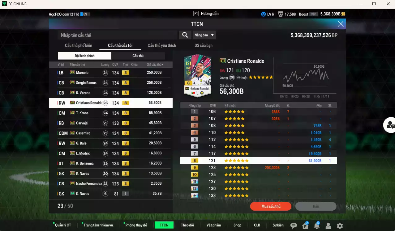 Ảnh Real Madrid Galaticos 3.0 full mùa BTB+8 911.290b có Ramos, Varane, CR7, Marcelo, Kroos, Casemiro, Carvajal, Bale, Modric, Benzema, Navas, Nacho... BTB+8 . Đã đào tạo chỉ số nhiều cầu thủ