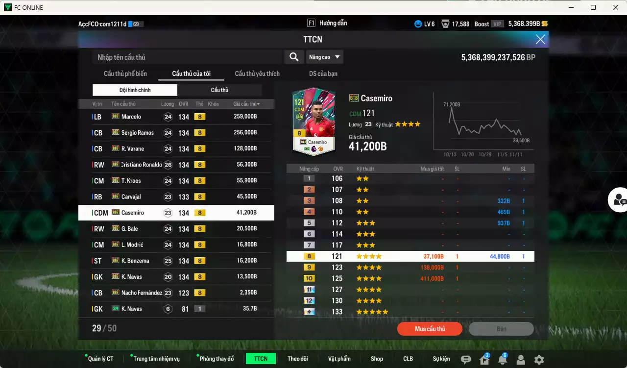 Ảnh Real Madrid Galaticos 3.0 full mùa BTB+8 911.290b có Ramos, Varane, CR7, Marcelo, Kroos, Casemiro, Carvajal, Bale, Modric, Benzema, Navas, Nacho... BTB+8 . Đã đào tạo chỉ số nhiều cầu thủ