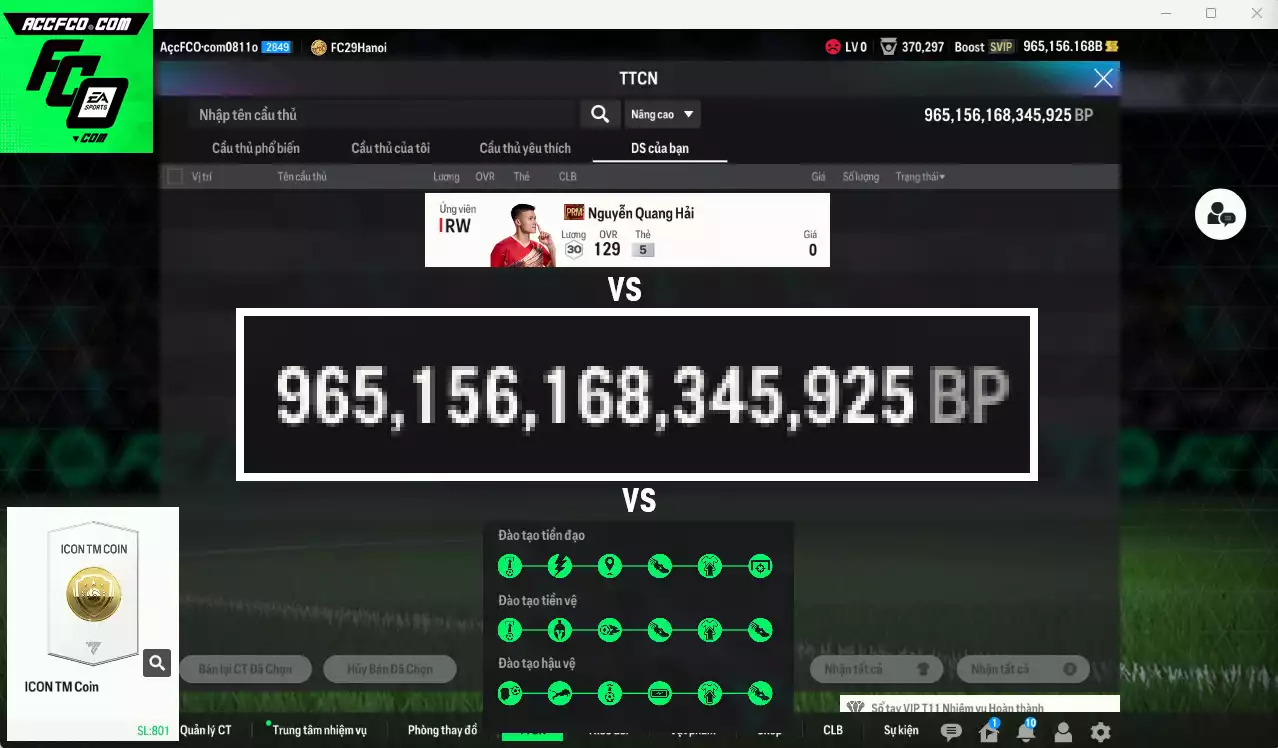 ACC 965156b trắng vs Quang Hải PRM+5, có thẻ đổi tên, còn nhiều CP GIẢM THUẾ. HLV siêu Xịn, đã full bảng đào tạo chiến thuật