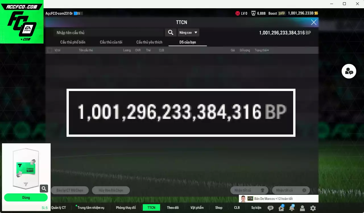 ACC 1001296b trắng, có thẻ đổi tên. Dư 43.000TC