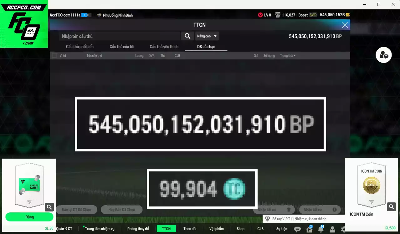 ACC 545050b trắng, có thẻ đổi tên, còn nhiều SVIP. HLV Xịn, dư 99.000TC