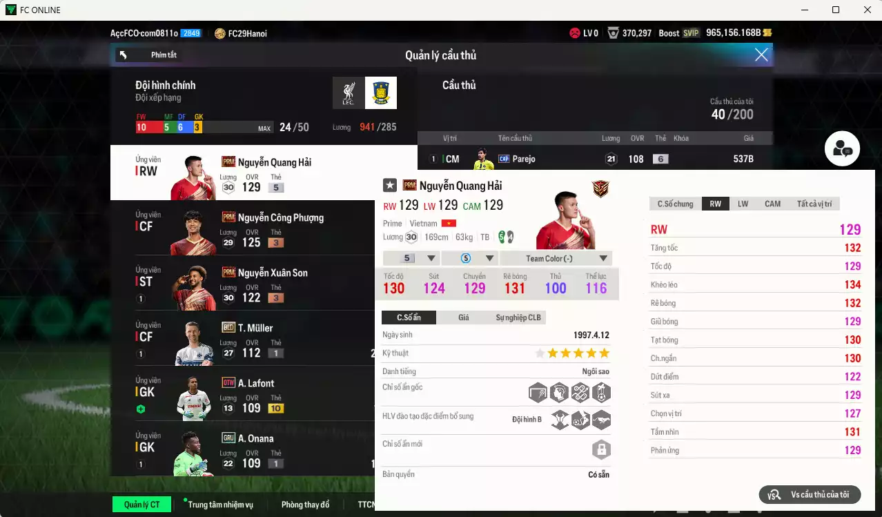 Ảnh ACC 965156b trắng vs Quang Hải PRM+5, có thẻ đổi tên, còn nhiều CP GIẢM THUẾ. HLV siêu Xịn, đã full bảng đào tạo chiến thuật