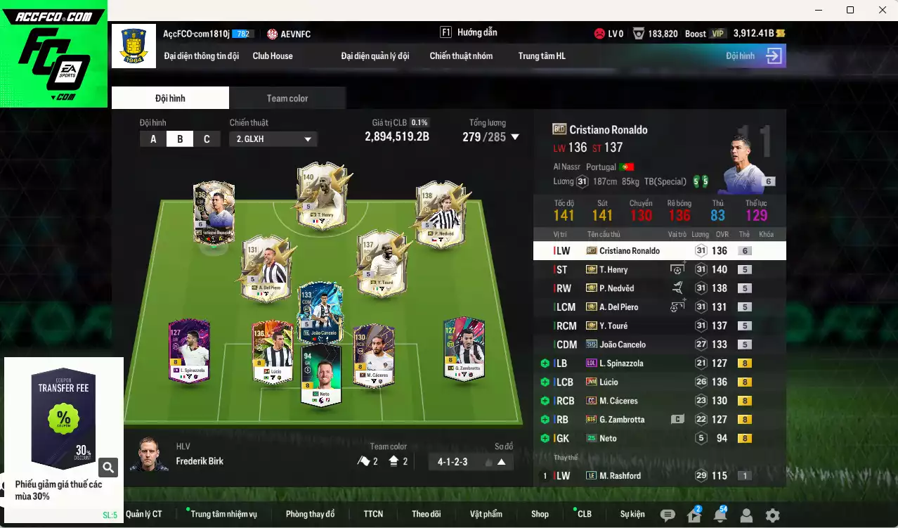 Juventus 2.894.510b có Henry ITM+5, Nedved ITM+5, Del Piero ITM+5, Touré ITM+5, CR7 BLD, Lúcio JNM, Cancelo 25TS, Cáceres CC... HLV Xịn, đã đào tạo chỉ số nhiều cầu thủ