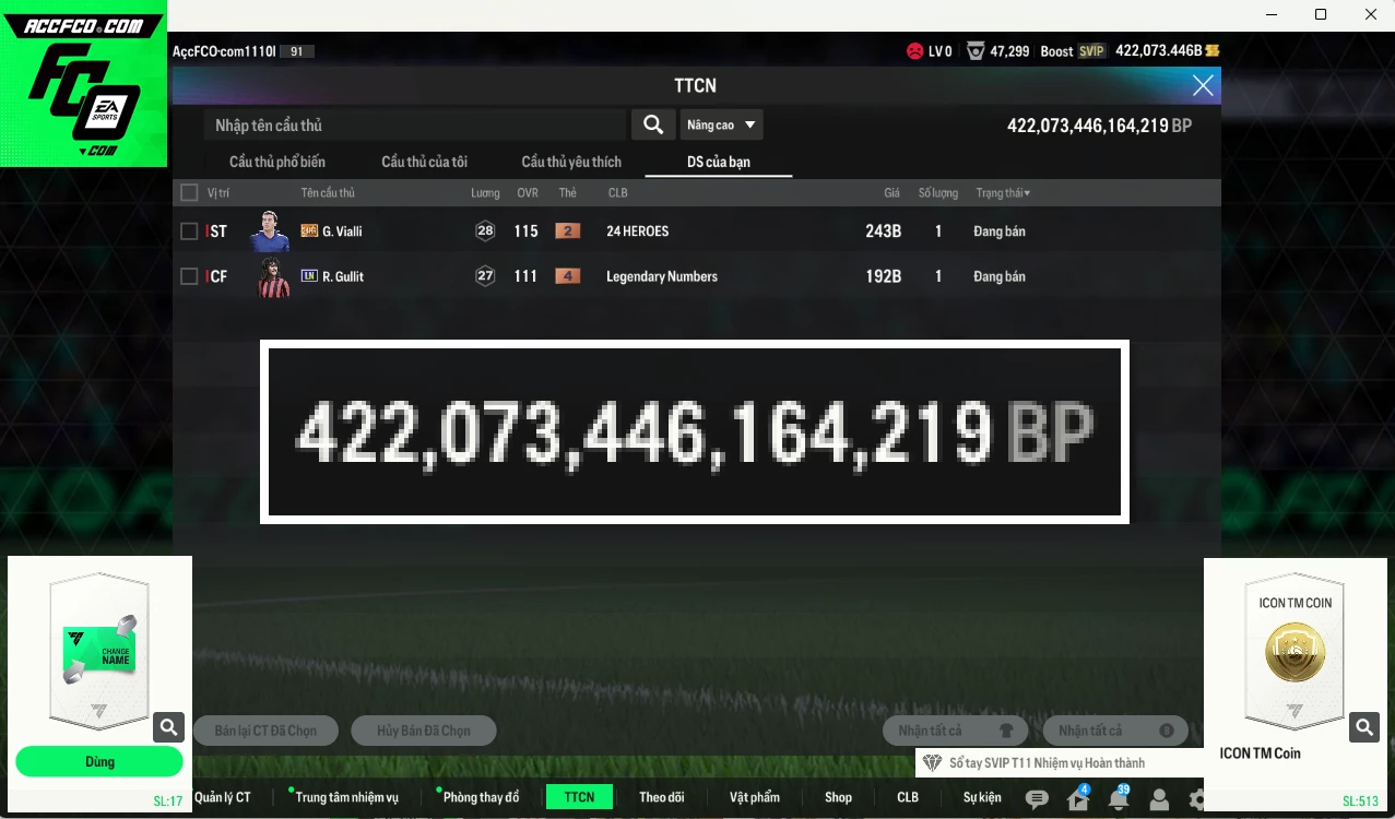 ACC 422073b trắng, có thẻ đổi tên. HLV Xịn