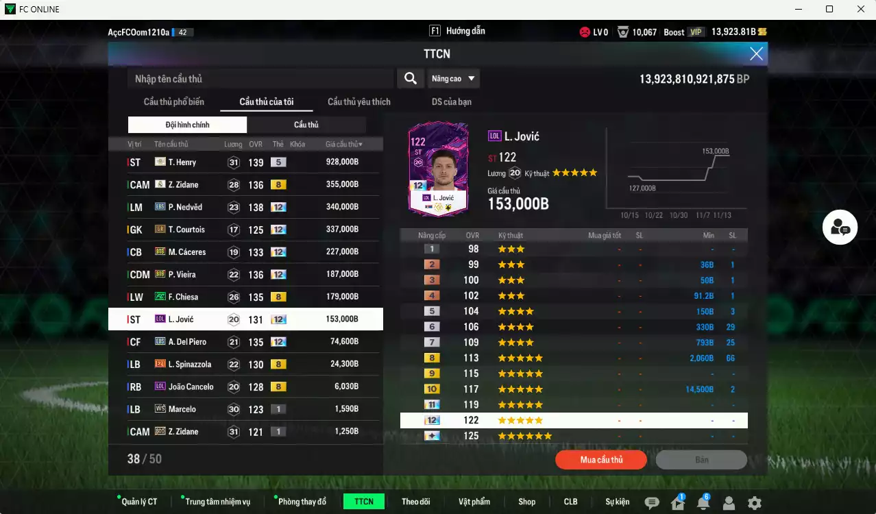 Ảnh [ACC Hiếm🔥] Juventus 2.813.910b có Nedved EBS+12, Del Piero EBS+12, Vieira BTB+12, Cáceres BTB+12, Henry ITM+5, Courtois GR+12, Zidane RMA, Chiesa FC, Jovic LOL+12... Còn nhiều CP GIẢM THUẾ, dư 44.000TC, VIP BK Tháng 11