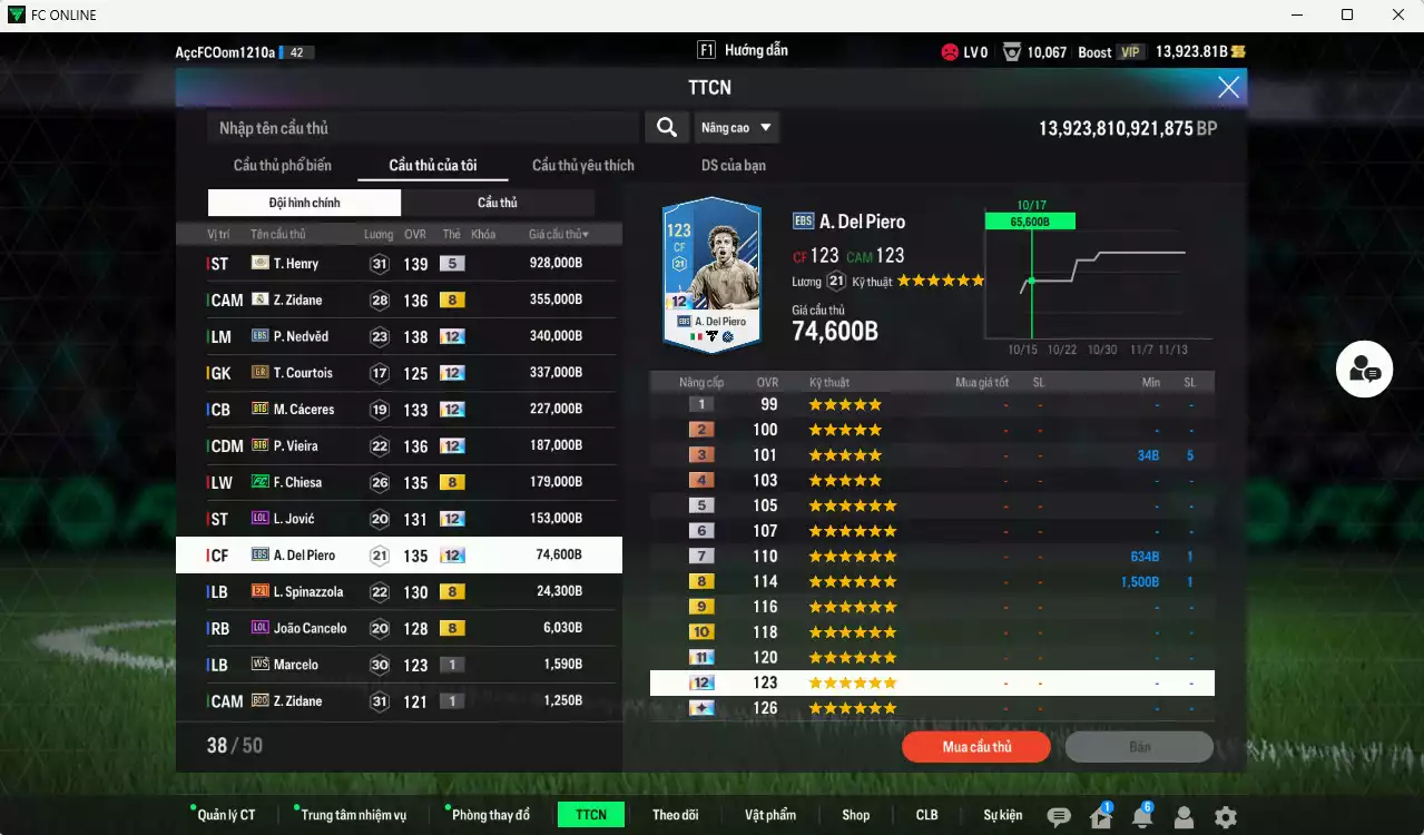 Ảnh [ACC Hiếm🔥] Juventus 2.813.910b có Nedved EBS+12, Del Piero EBS+12, Vieira BTB+12, Cáceres BTB+12, Henry ITM+5, Courtois GR+12, Zidane RMA, Chiesa FC, Jovic LOL+12... Còn nhiều CP GIẢM THUẾ, dư 44.000TC, VIP BK Tháng 11