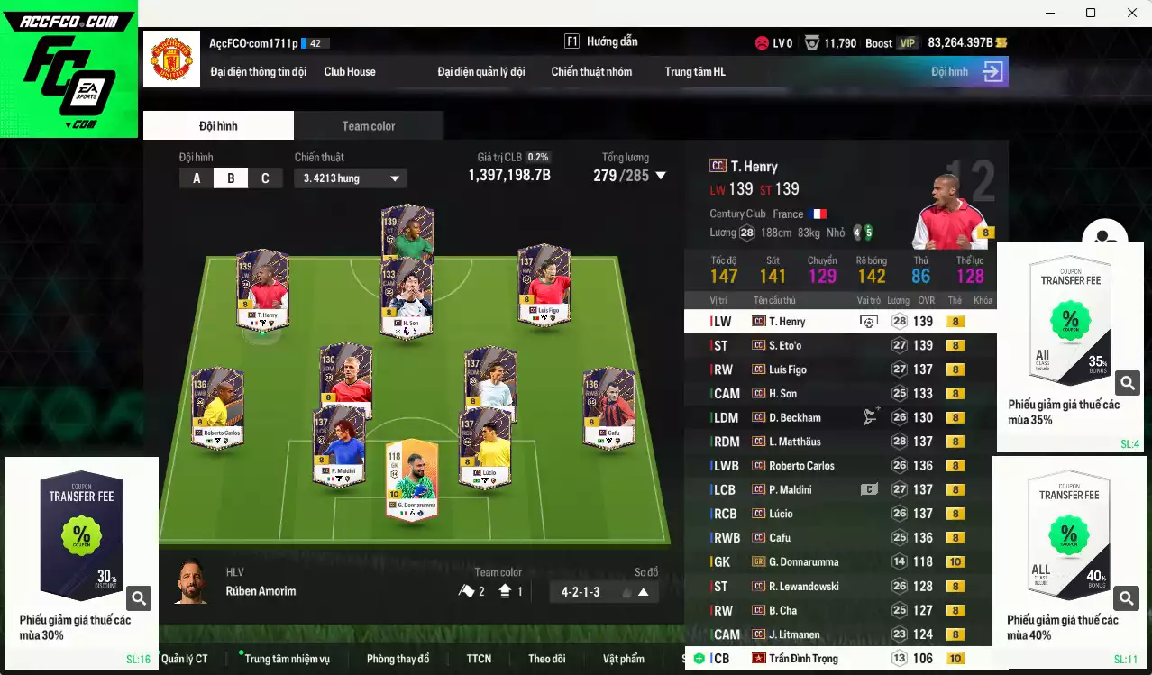 Full mùa CC+8 1.397.190b dư 83kb có Matthaus, Beckham, Henry, Eto, Maldini, Lúcio, Figo, Cafu, Carlos, Lewandowski, H. Son, B. Cha... CC+8. Còn nhiều CP GIẢM THUẾ