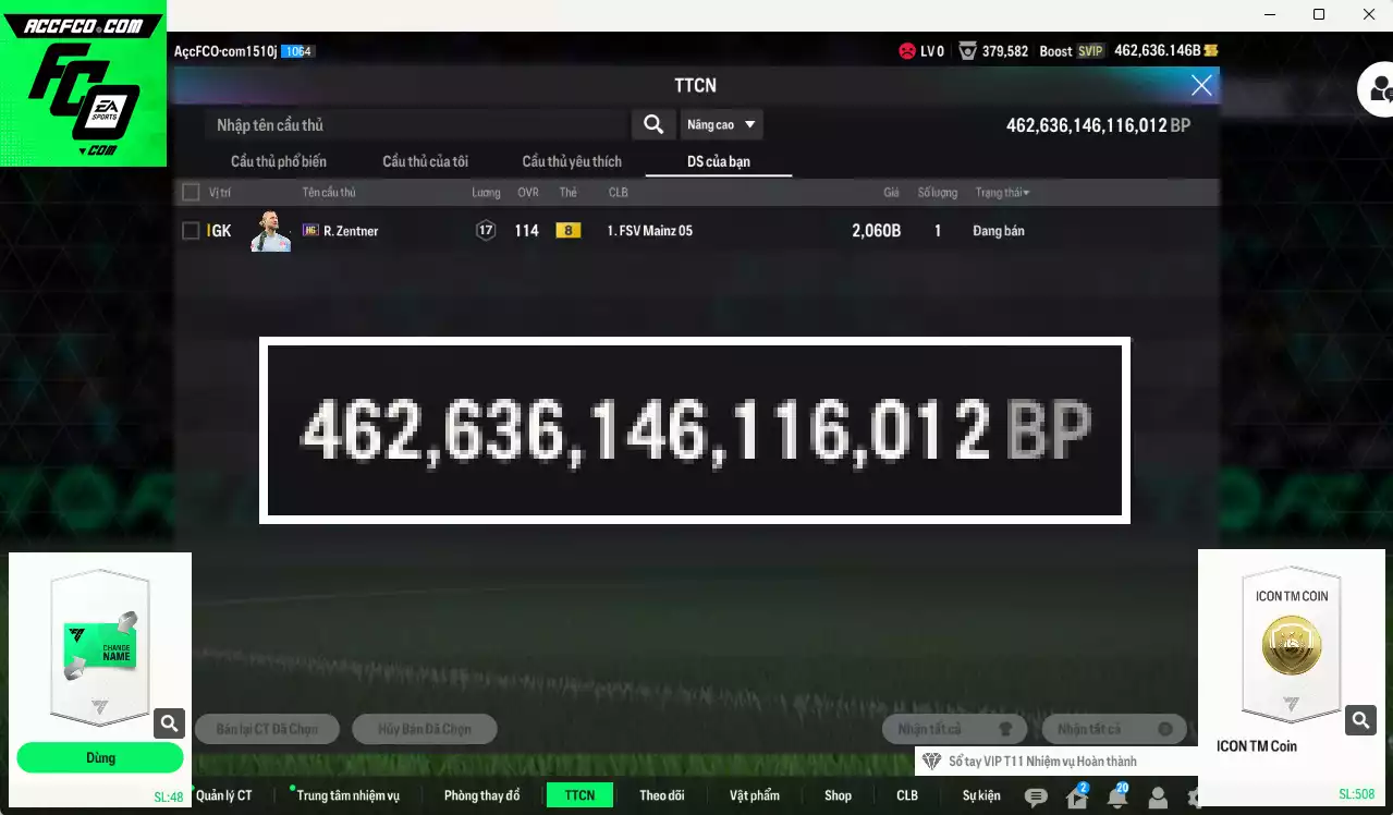 ACC 462636b trắng, có thẻ đổi tên. HLV Siêu Xịn, đã full hơn nữa bảng đào tạo chiến thuật