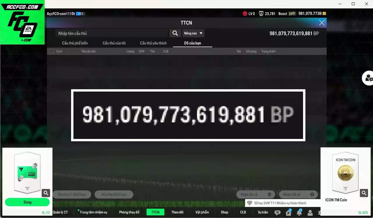 ACC 981079b trắng, có thẻ đổi tên, còn CP GIẢM THUẾ. Dư 45.000TC