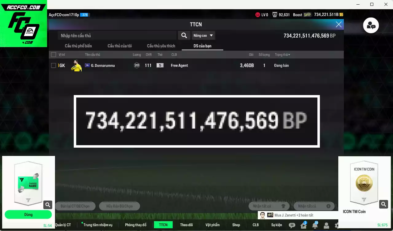 ACC 734221b trắng, có thẻ đổi tên. HLV Xịn, dư 45.000TC