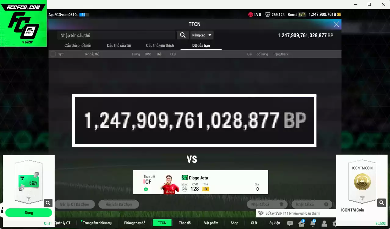 [Tặng Jota FC] ACC 1247909b trắng, có thẻ đổi tên. HLV Xịn, dư 48.000TC