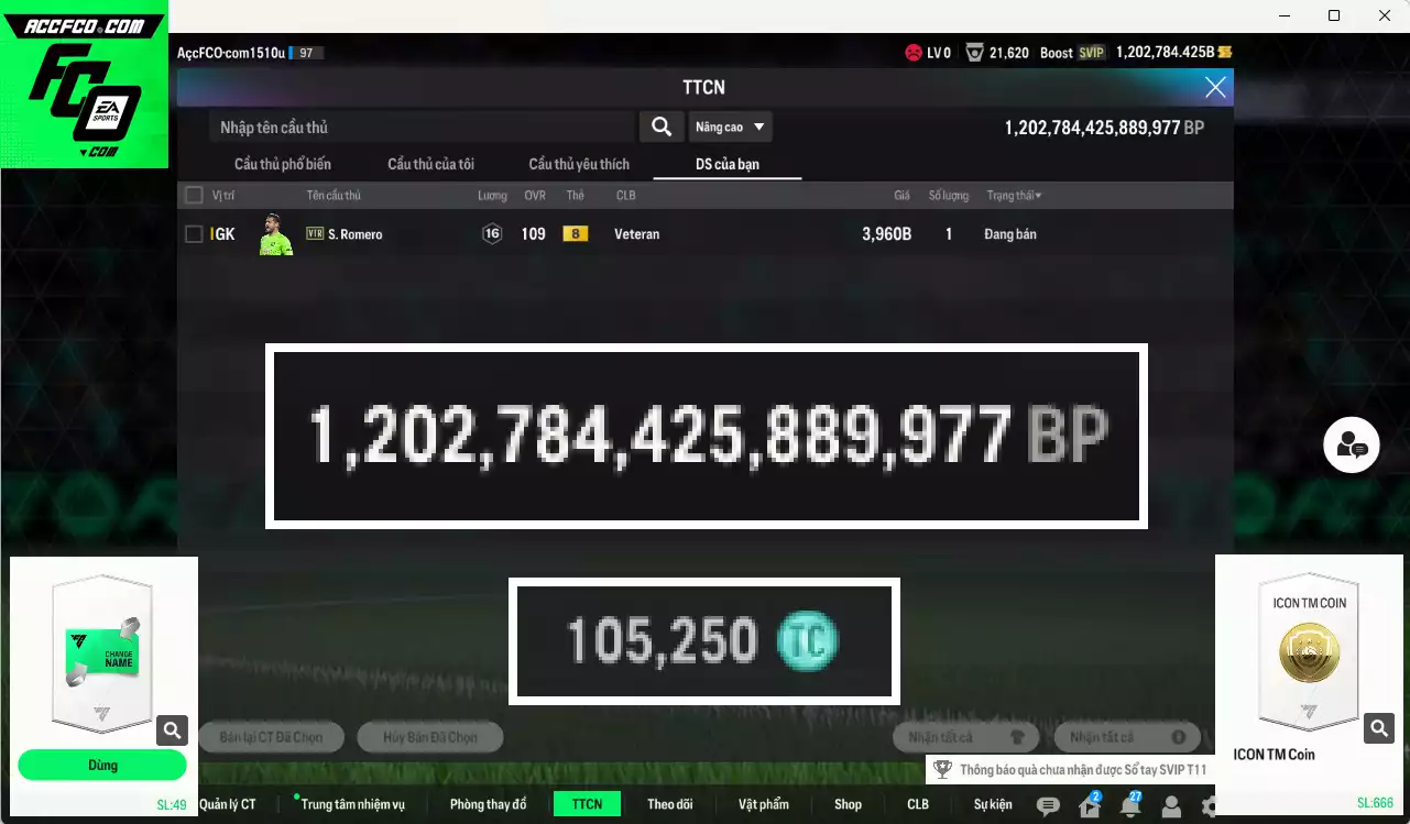 ACC 1202784b trắng, có thẻ đổi tên. Dư 105.000TC