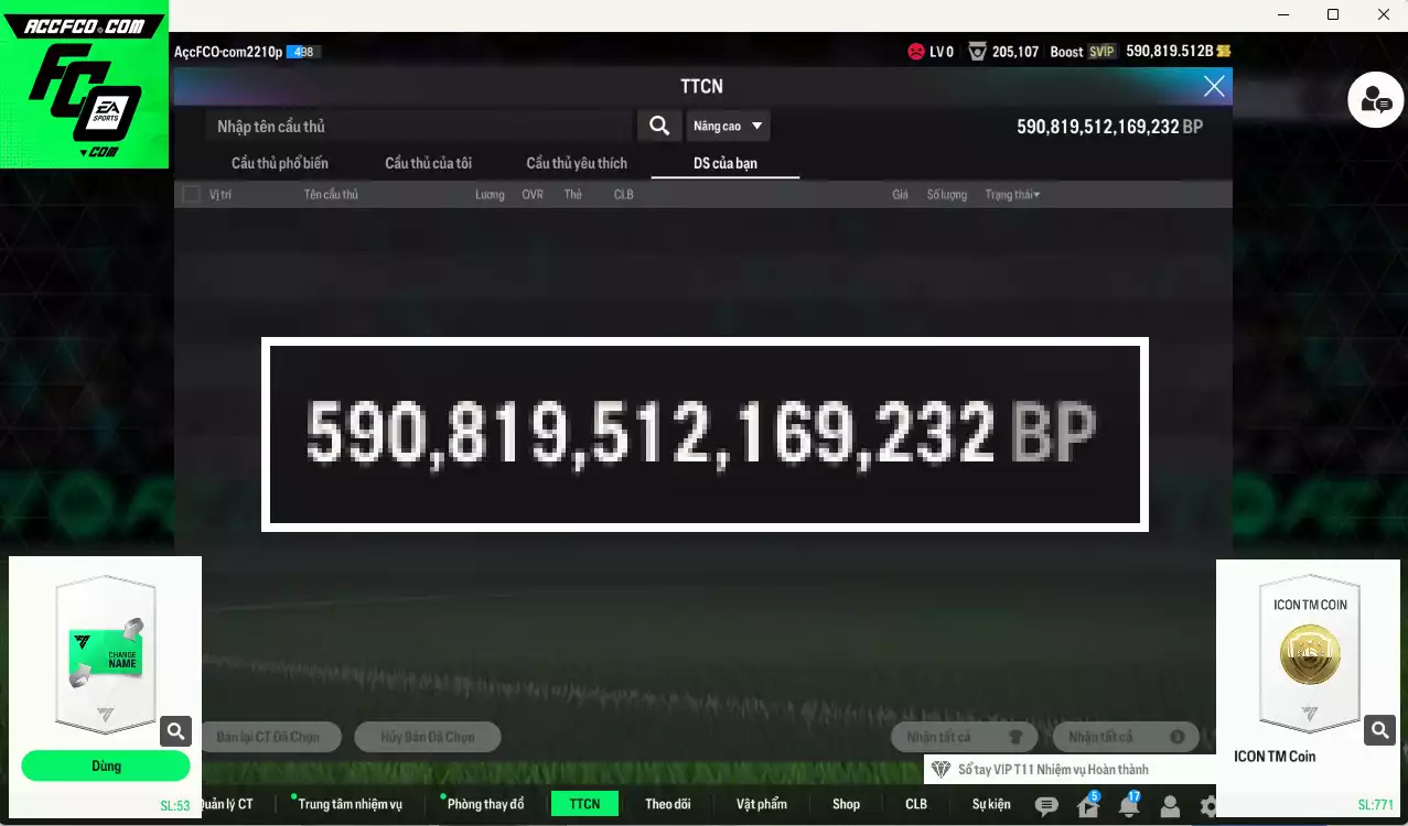 ACC 590819b trắng, có thẻ đổi tên, còn nhiều SVIP. HLV Xịn, dư 66.000TC