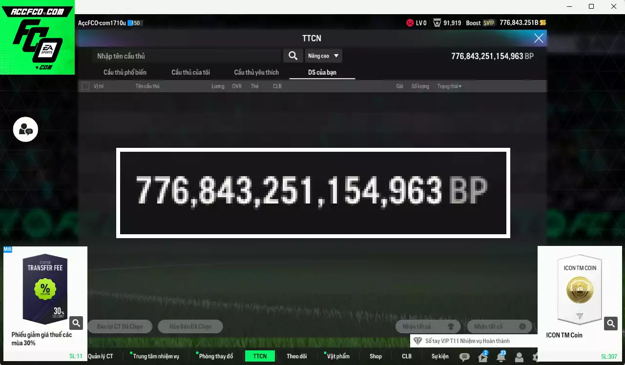 ACC 776843b trắng, có thẻ đổi tên, còn CP GIẢM THUẾ. HLV Xịn