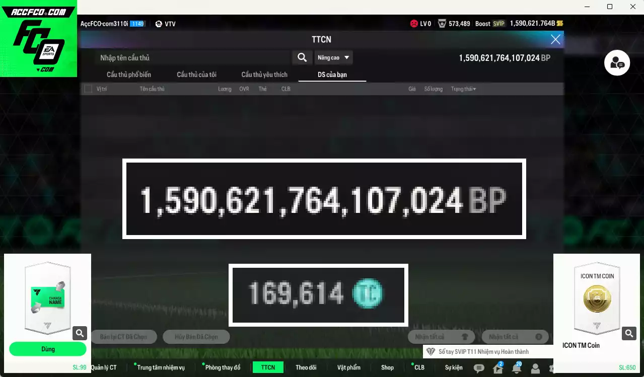 ACC 1590621b trắng, có thẻ đổi tên, còn nhiều CP GIẢM THUẾ. HLV Siêu Xịn, dư 169.000TC