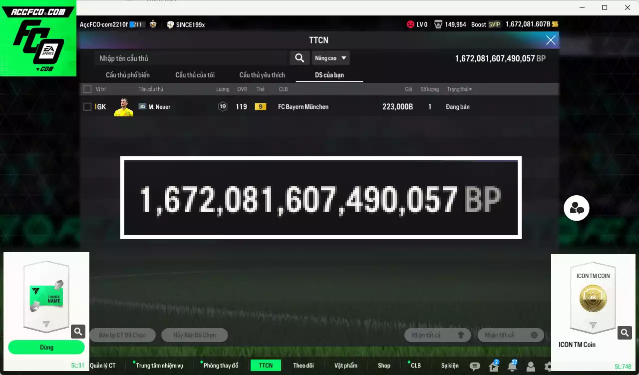 ACC 1672081b trắng, có thẻ đổi tên. HLV Xịn, dư 52.000TC